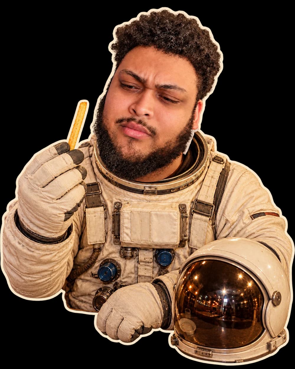 Mike's recognizable face in a deliberately Photoshopped astronaut suit, holding a french fry.