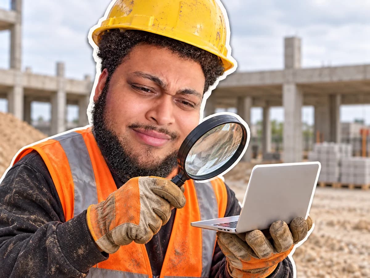 An obviously fictional photo composite of Mike as a construction inspector examining a laptop with a magnifying glass.