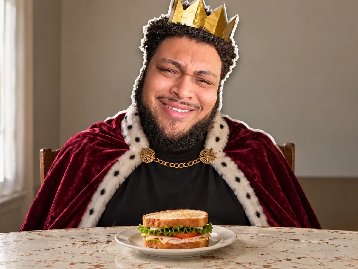 Mike wearing a theatrical crown in a fictional sandwich-king scene.