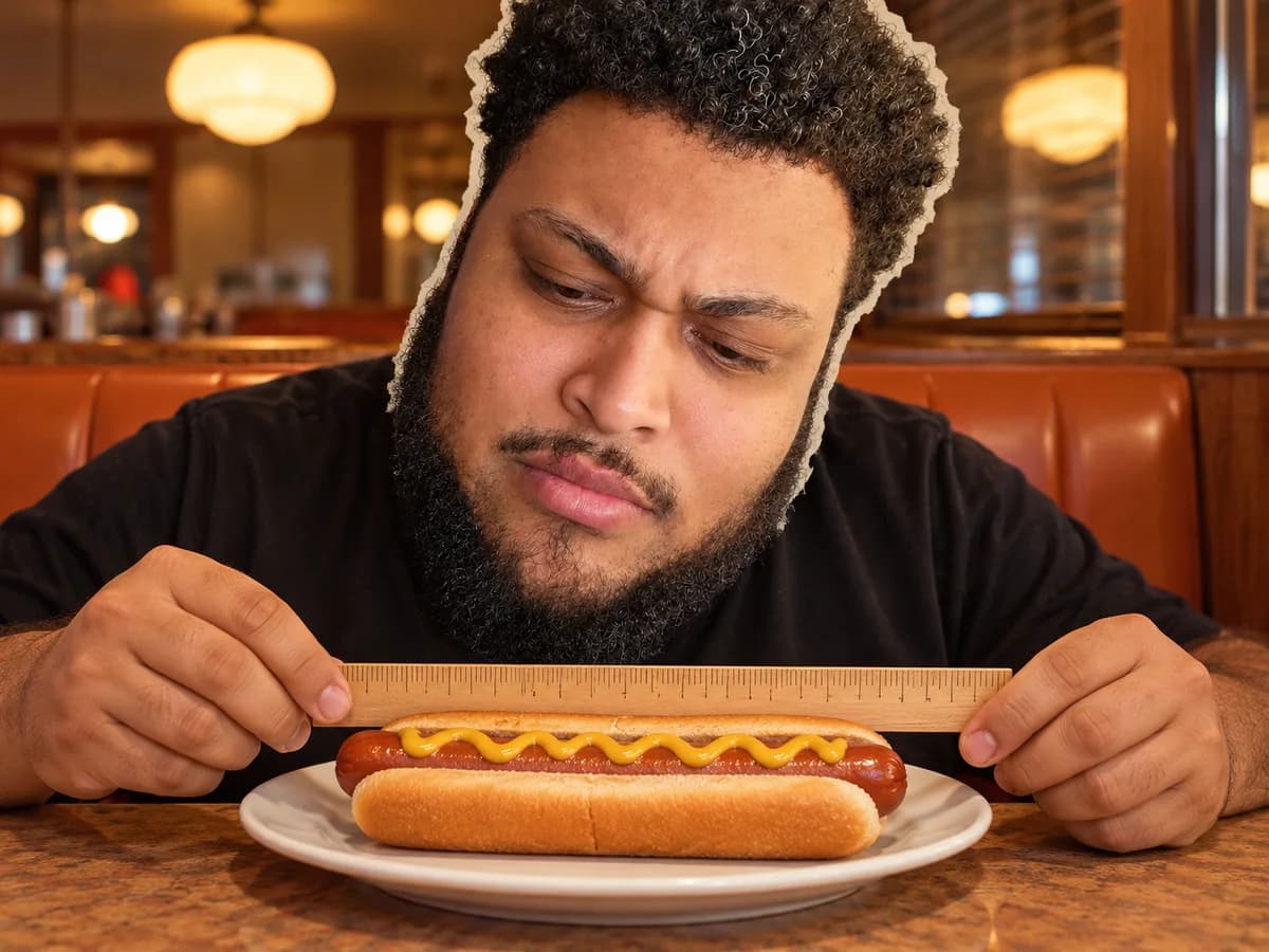 Mike, in a deliberately fictional composite, studying a hot dog with a wooden ruler in a diner.