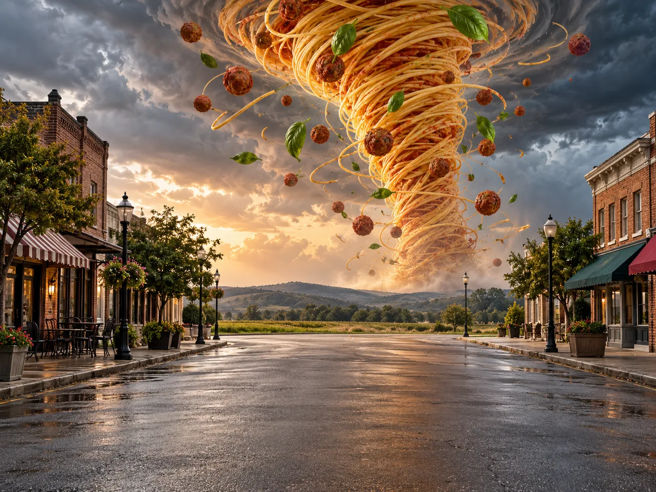 A spaghetti tornado with orbiting meatballs above an empty small-town street.