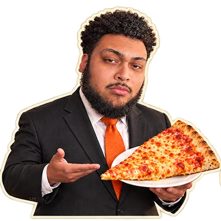 Mike as the pizza attorney, with an unimpressed deadpan expression.